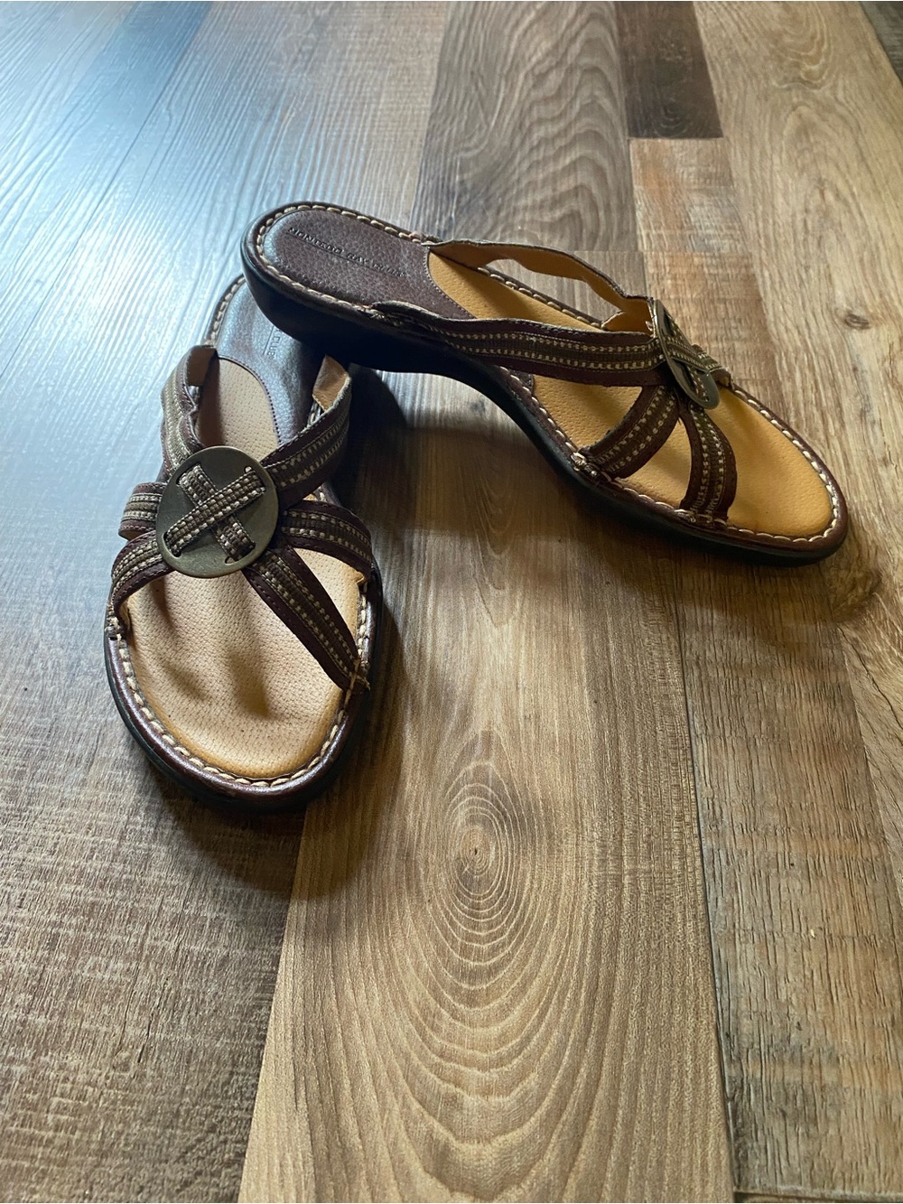 Montego Bay Club Brown Strappy Slide Sandals with Metal Accent